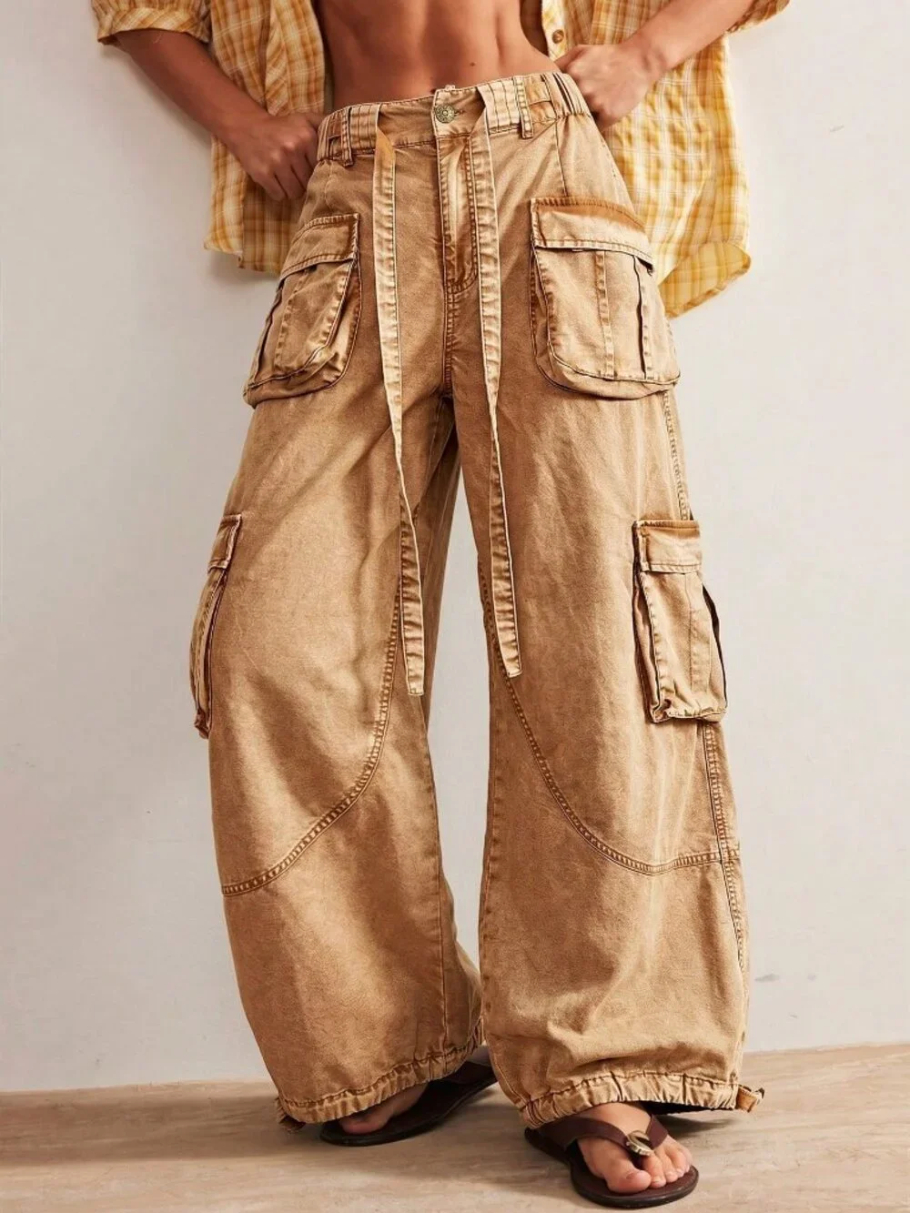 Brown Casual Women's Woven Loose Cuffed Low Waist Loose Long Pants - Picture 6 of 10